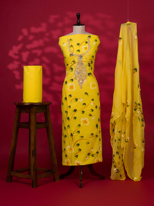 Hand Painted Cotton Suit with Gota Patti Hand Embroidery and Pure Chiffon Dupatta