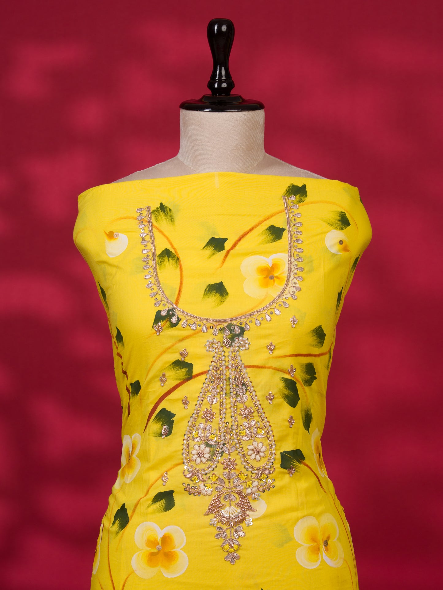 Hand Painted Cotton Suit with Gota Patti Hand Embroidery and Pure Chiffon Dupatta