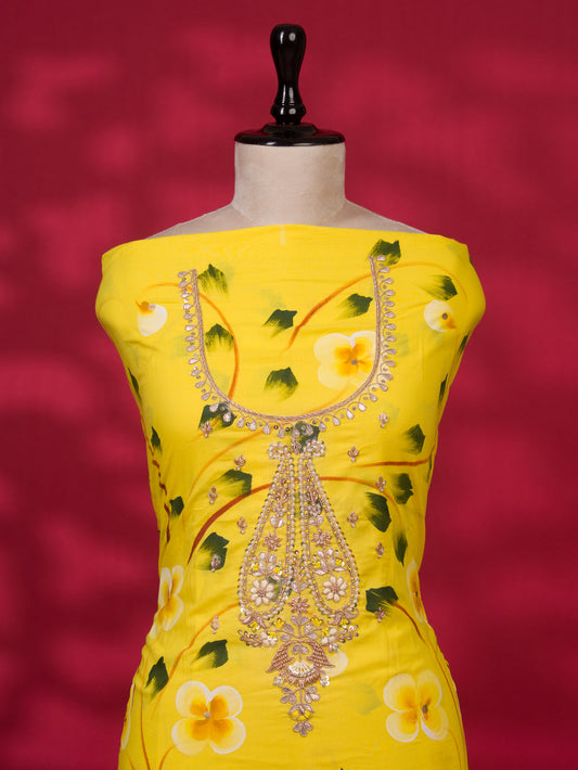 Hand Painted Cotton Suit with Gota Patti Hand Embroidery and Pure Chiffon Dupatta