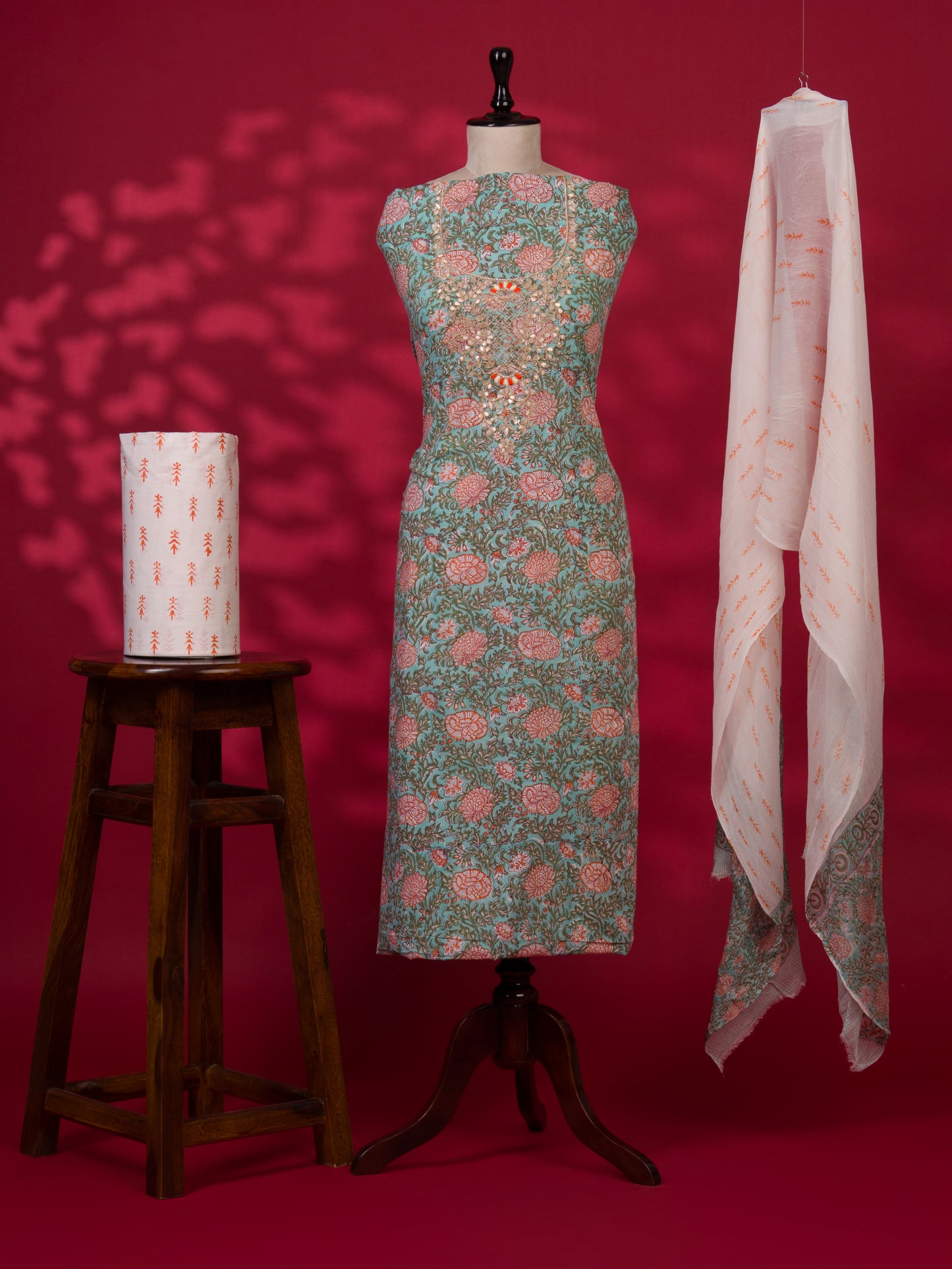 Hand Block Printed Cotton Suit with Gota Patti Hand Embroidery and Pure Chiffon Dupatta
