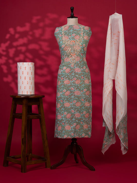Hand Block Printed Cotton Suit with Gota Patti Hand Embroidery and Pure Chiffon Dupatta