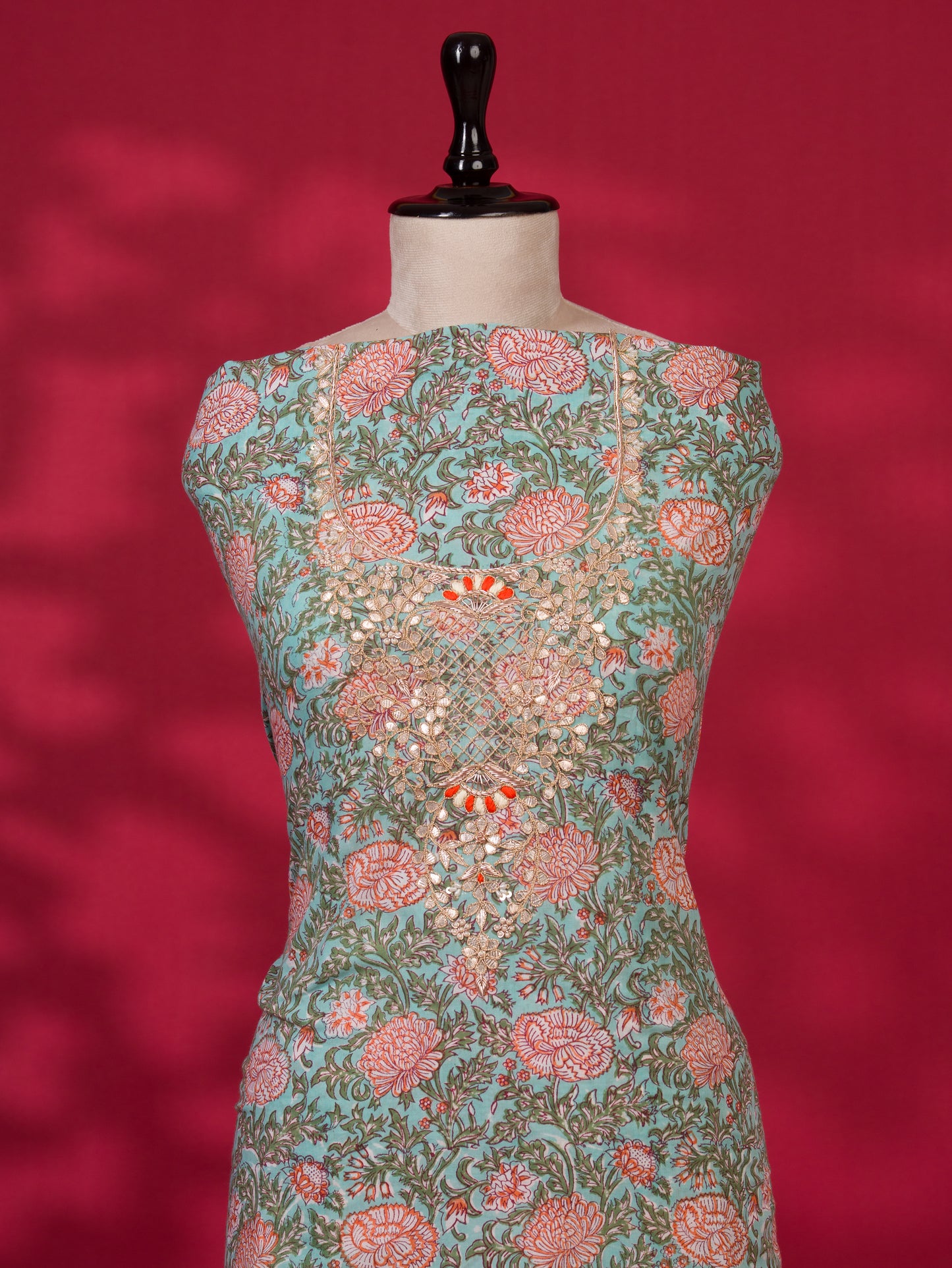 Hand Block Printed Cotton Suit with Gota Patti Hand Embroidery and Pure Chiffon Dupatta
