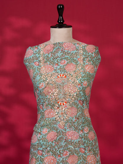 Hand Block Printed Cotton Suit with Gota Patti Hand Embroidery and Pure Chiffon Dupatta