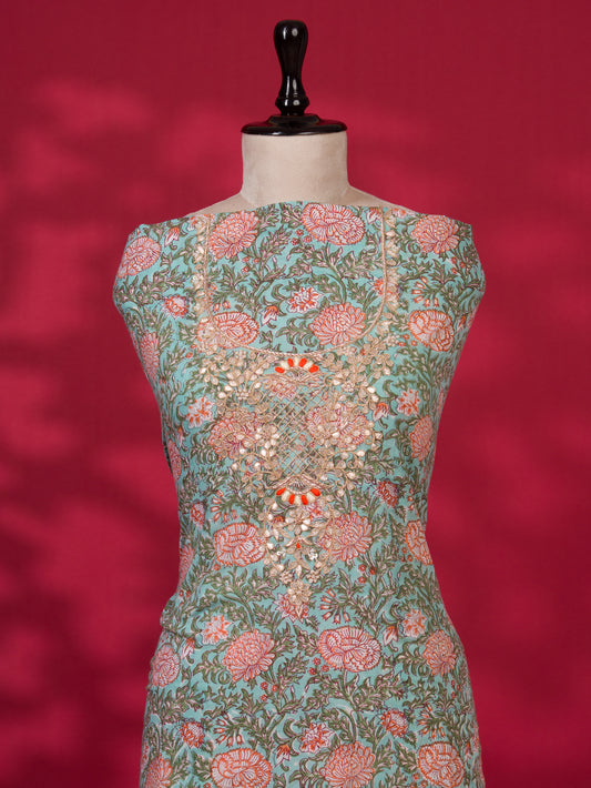Hand Block Printed Cotton Suit with Gota Patti Hand Embroidery and Pure Chiffon Dupatta