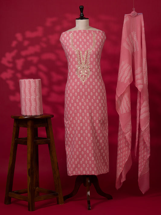 Hand Block Printed Cotton Suit with Gota Patti Hand Embroidery and Pure Chiffon Dupatta