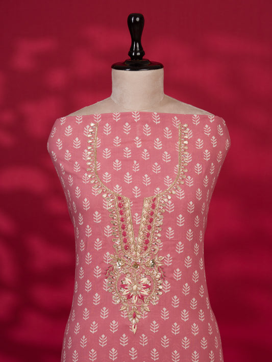 Hand Block Printed Cotton Suit with Gota Patti Hand Embroidery and Pure Chiffon Dupatta