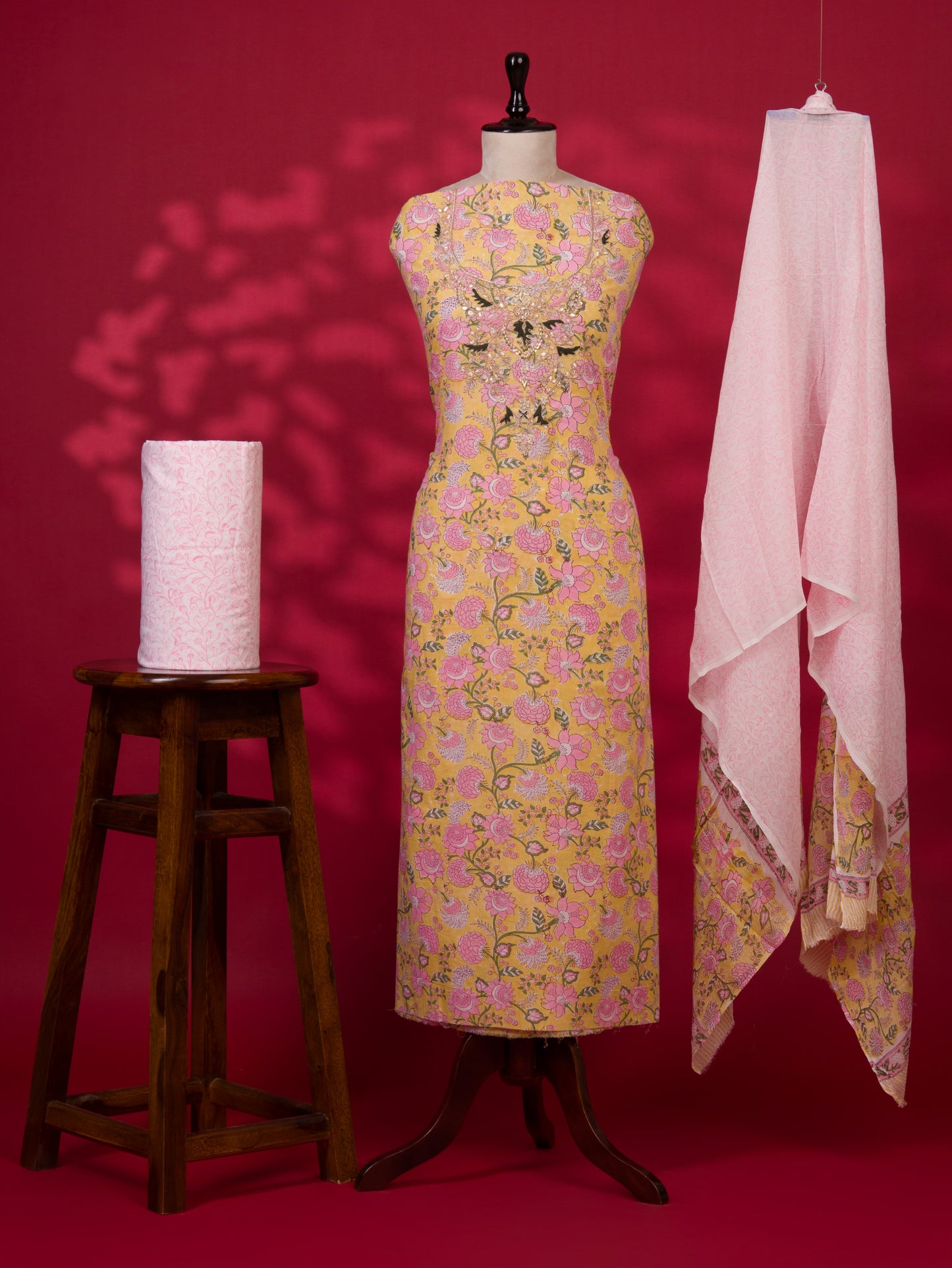 Hand Block Printed Cotton Suit with Gota Patti Hand Embroidery and Pure Chiffon Dupatta