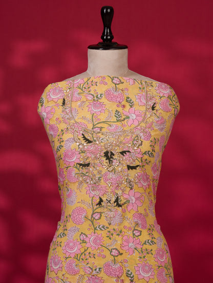 Hand Block Printed Cotton Suit with Gota Patti Hand Embroidery and Pure Chiffon Dupatta