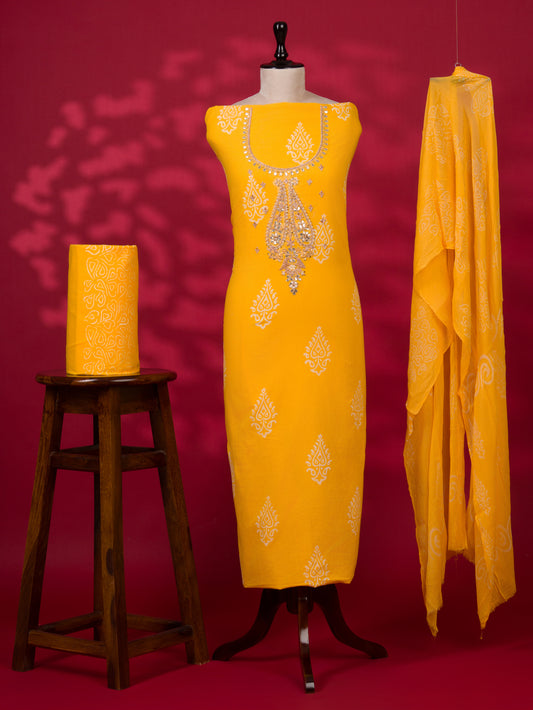 Hand Block Printed Cotton Suit with Gota Patti Hand Embroidery and Pure Chiffon Dupatta