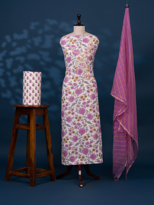 Hand Block Printed Cotton Suit with Gota Patti Hand Embroidery and Kota Doria Leheriya Dupatta