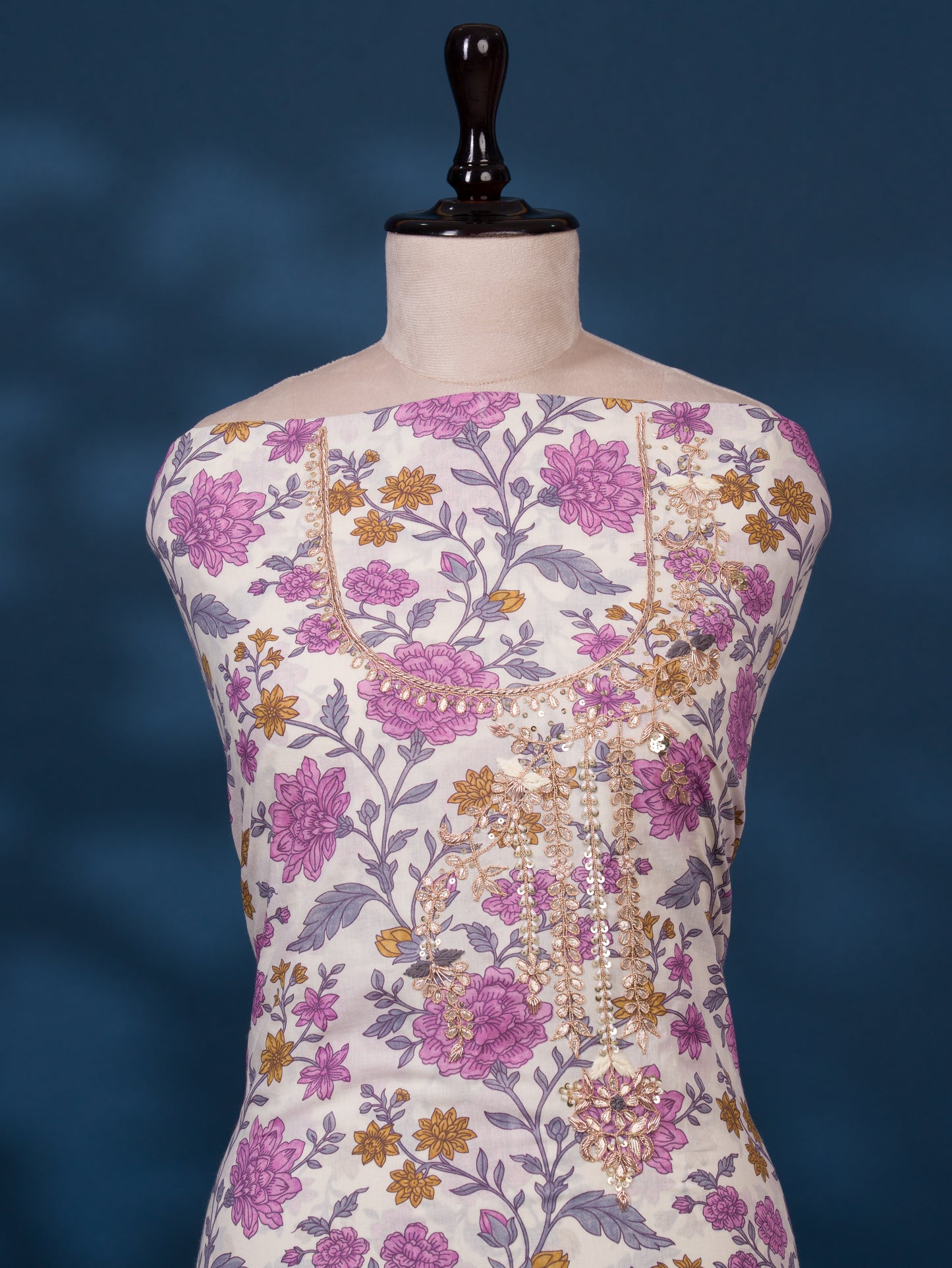 Hand Block Printed Cotton Suit with Gota Patti Hand Embroidery and Kota Doria Leheriya Dupatta