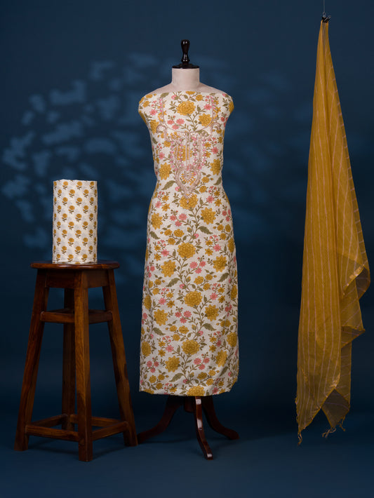 Hand Block Printed Cotton Suit with Gota Patti Hand Embroidery and Kota Doria Leheriya Dupatta