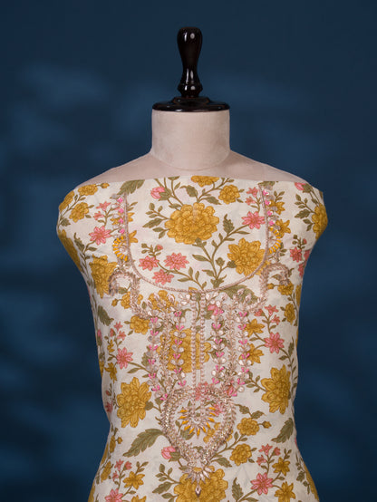 Hand Block Printed Cotton Suit with Gota Patti Hand Embroidery and Kota Doria Leheriya Dupatta