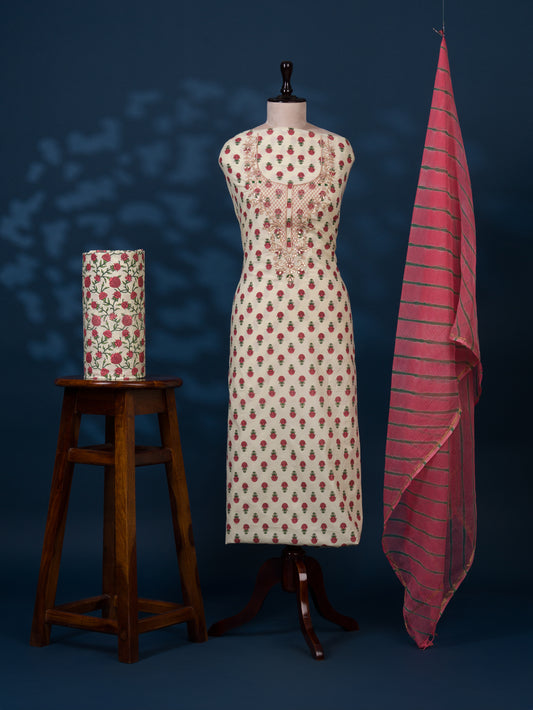 Hand Block Printed Cotton Suit with Gota Patti Hand Embroidery and Kota Doria Leheriya Dupatta