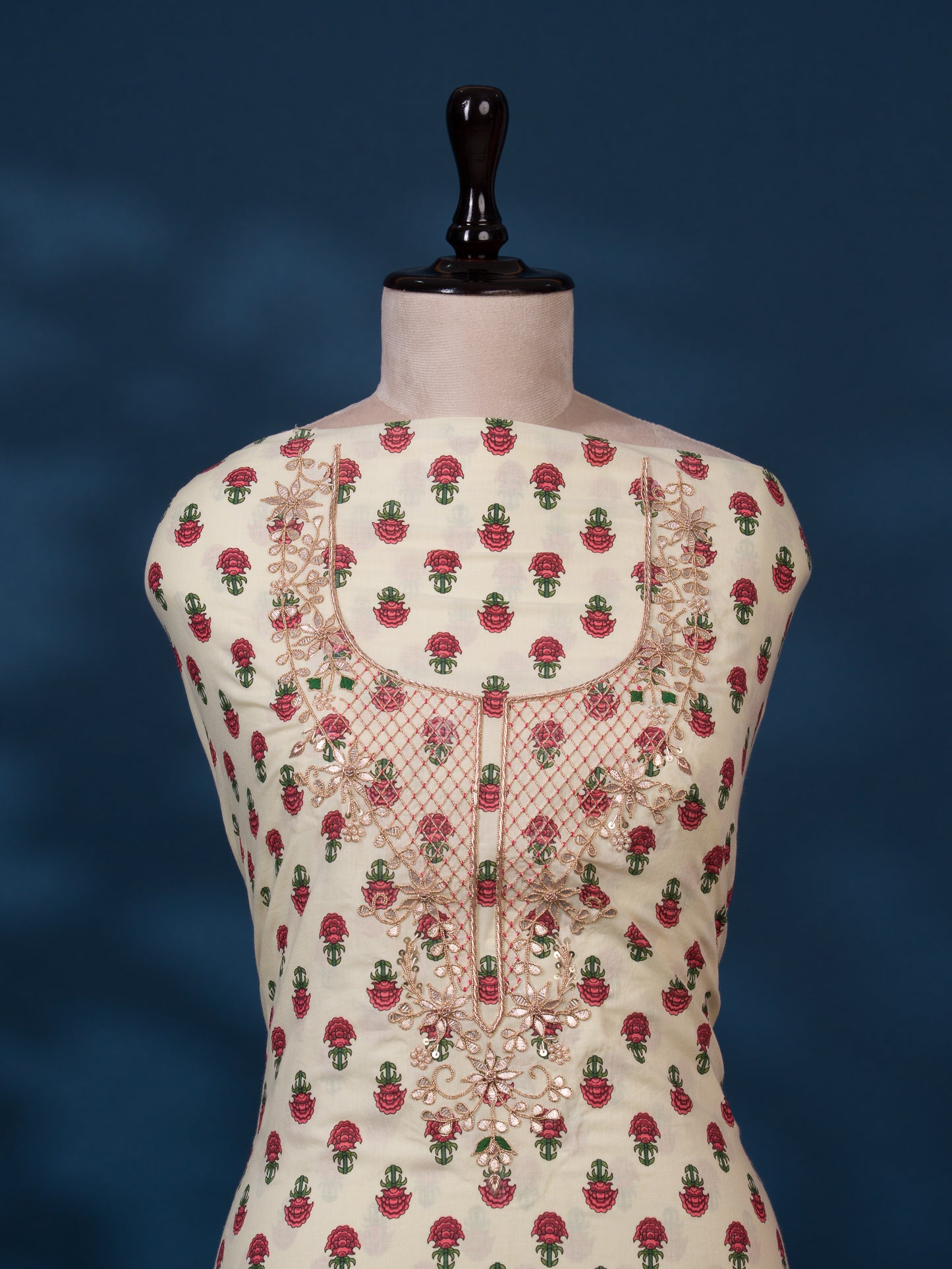 Hand Block Printed Cotton Suit with Gota Patti Hand Embroidery and Kota Doria Leheriya Dupatta
