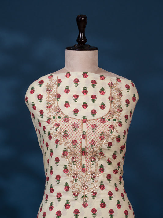 Hand Block Printed Cotton Suit with Gota Patti Hand Embroidery and Kota Doria Leheriya Dupatta