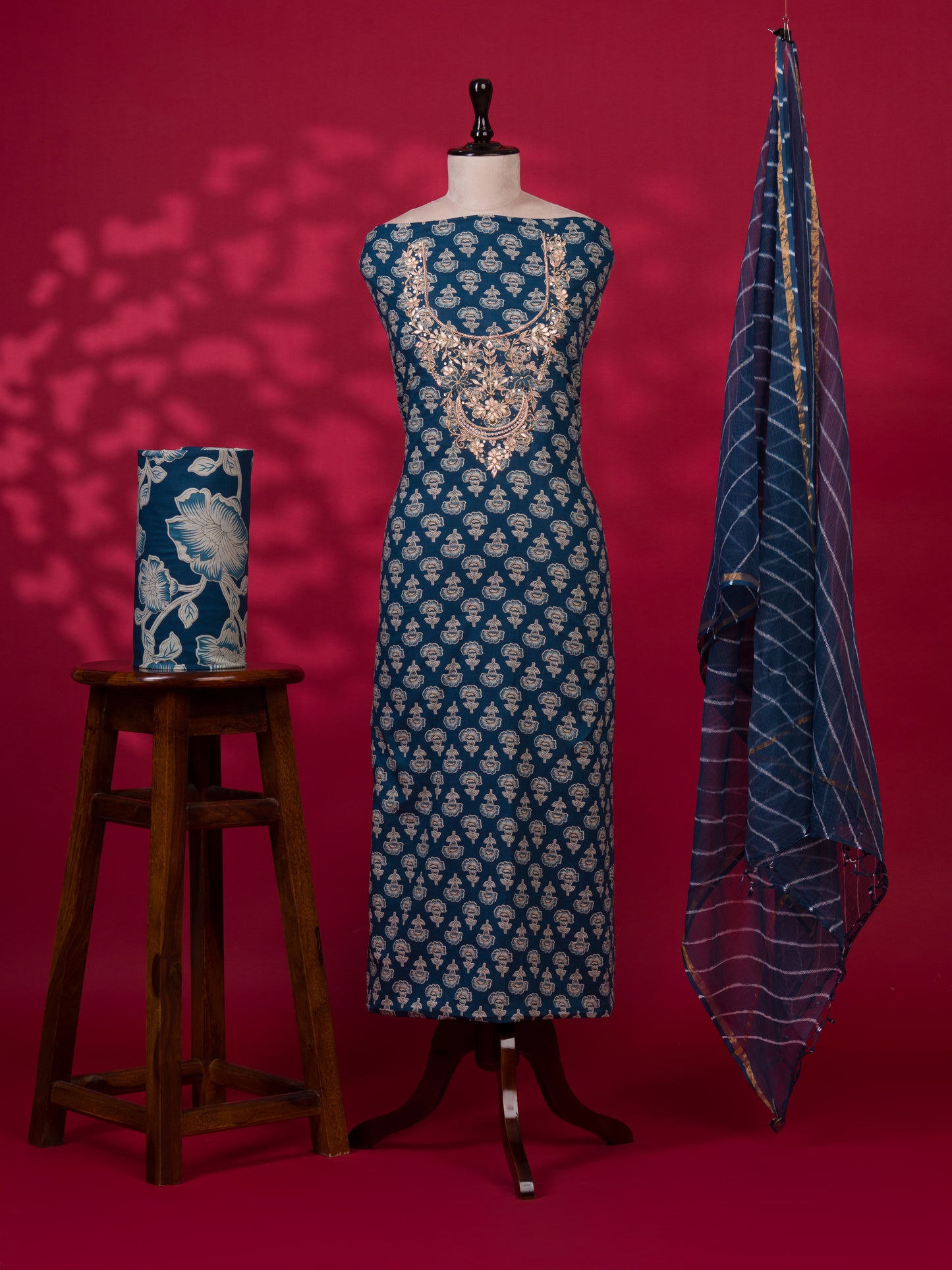 Hand Block Printed Cotton Suit with Gota Patti Hand Embroidery and Kota Doria Leheriya Dupatta