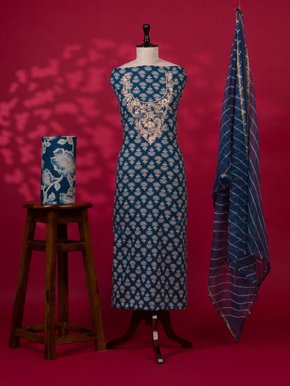 Hand Block Printed Cotton Suit with Gota Patti Hand Embroidery and Kota Doria Leheriya Dupatta