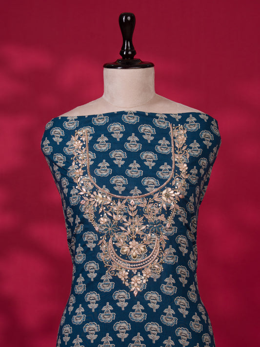 Hand Block Printed Cotton Suit with Gota Patti Hand Embroidery and Kota Doria Leheriya Dupatta