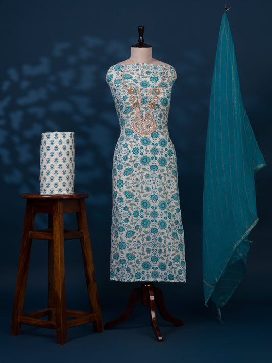 Hand Block Printed Cotton Suit with Gota Patti Hand Embroidery and Kota Doria Leheriya Dupatta