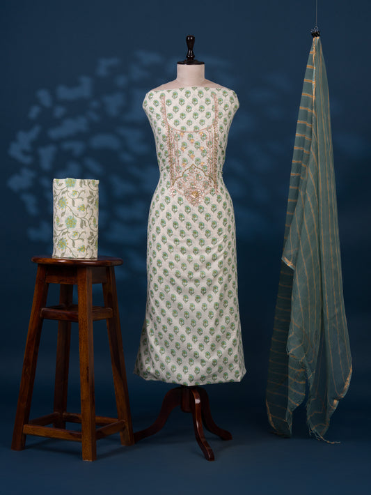 Hand Block Printed Cotton Suit with Gota Patti Hand Embroidery and Kota Doria Leheriya Dupatta