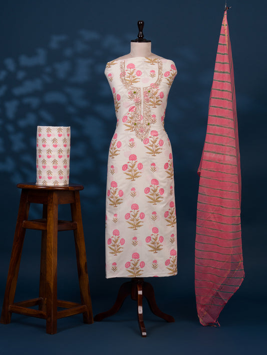 Hand Block Printed Cotton Suit with Gota Patti Hand Embroidery and Kota Doria Leheriya Dupatta