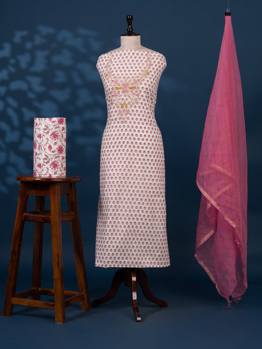 Hand Block Printed Cotton Suit with Gota Patti Hand Embroidery and Kota Doria Leheriya Dupatta