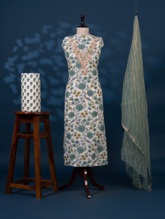 Hand Block Printed Cotton Suit with Gota Patti Hand Embroidery and Kota Doria Leheriya Dupatta
