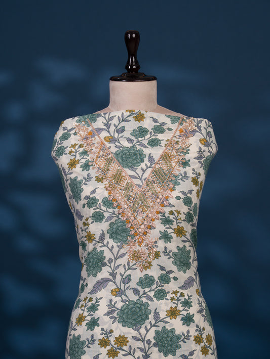 Hand Block Printed Cotton Suit with Gota Patti Hand Embroidery and Kota Doria Leheriya Dupatta