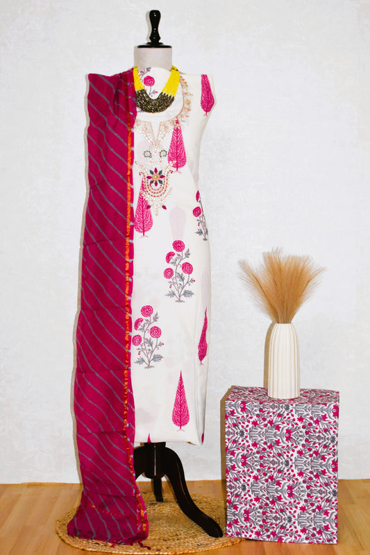 Hand Block Printed Cotton Suit with Gota Patti Hand Embroidery and Kota Doria Leheriya Dupatta