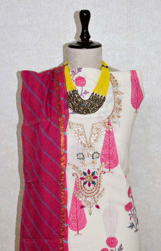 Hand Block Printed Cotton Suit with Gota Patti Hand Embroidery and Kota Doria Leheriya Dupatta