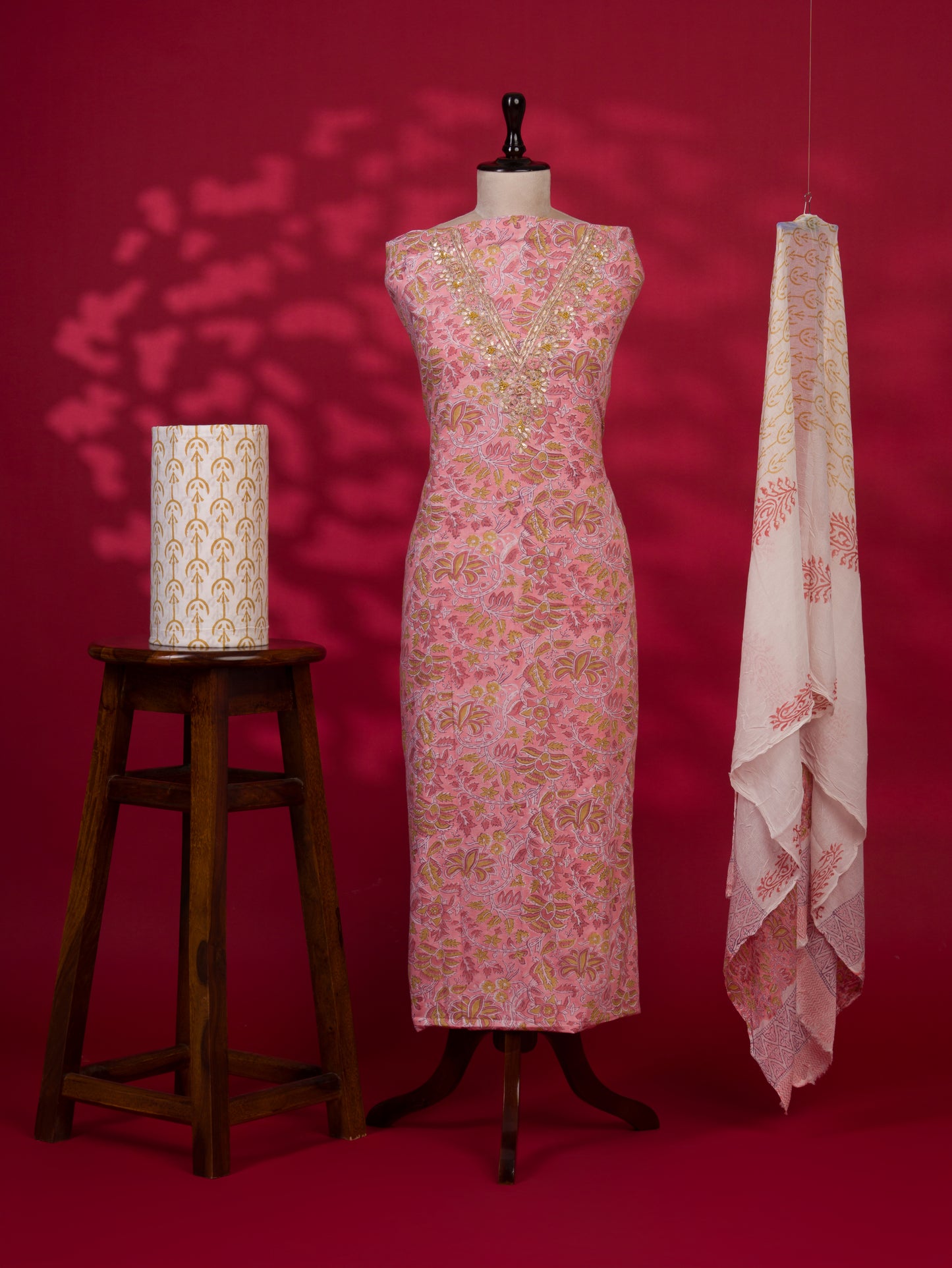 Hand Block Printed Cotton Suit with Gota Patti Hand Embroidery and Pure Chiffon Dupatta