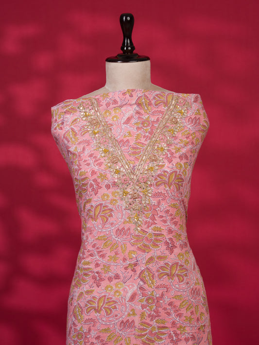 Hand Block Printed Cotton Suit with Gota Patti Hand Embroidery and Pure Chiffon Dupatta