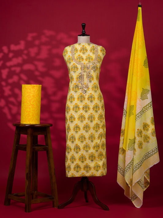 Hand Block Printed Cotton Suit with Gota Patti Hand Embroidery and Soft Malmal Dupatta