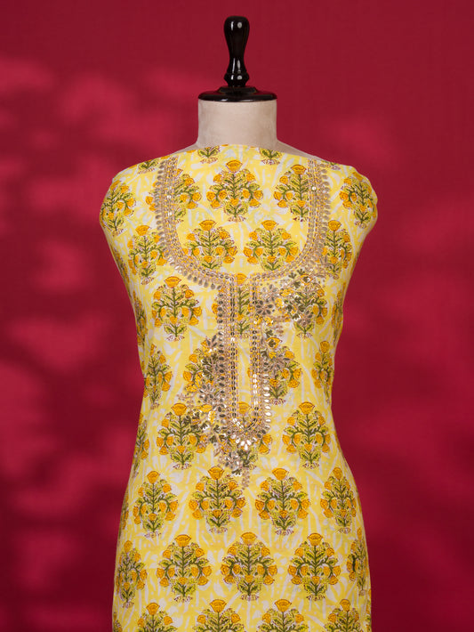 Hand Block Printed Cotton Suit with Gota Patti Hand Embroidery and Soft Malmal Dupatta