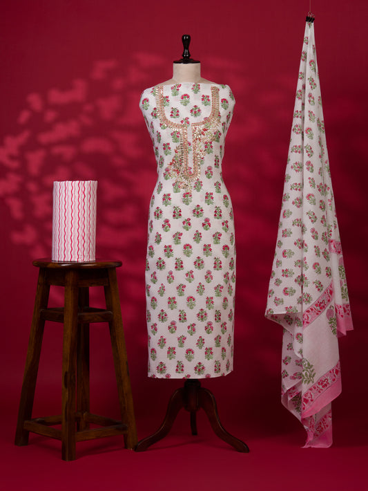 Hand Block Printed Cotton Suit with Gota Patti Hand Embroidery and Soft Malmal Dupatta