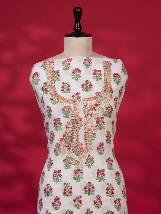 Hand Block Printed Cotton Suit with Gota Patti Hand Embroidery and Soft Malmal Dupatta