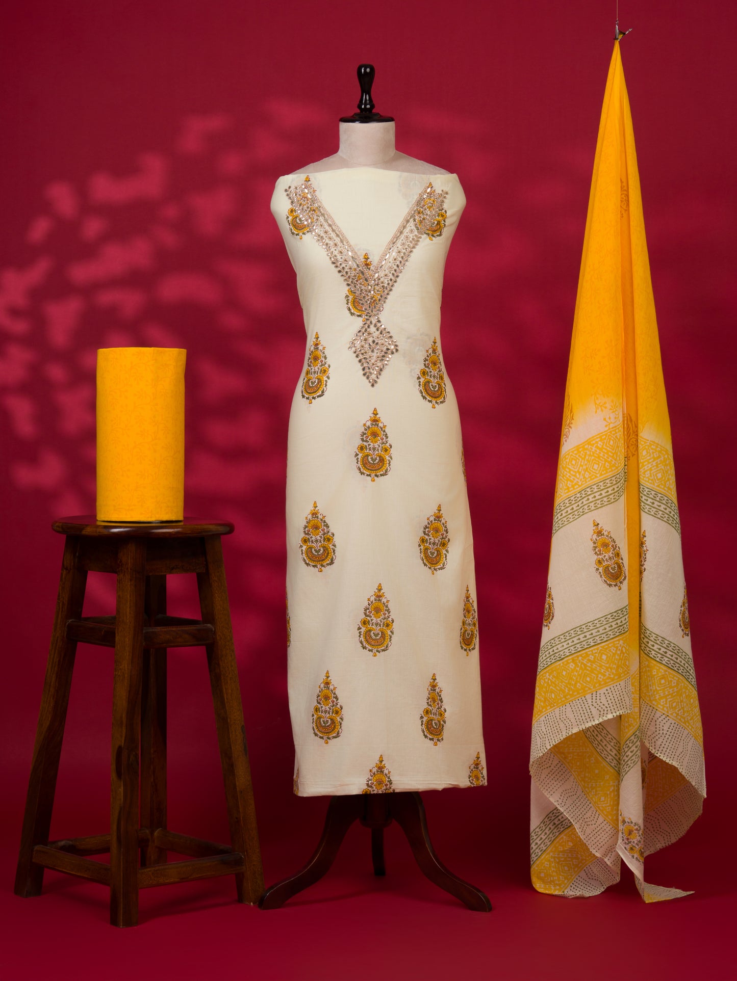 Hand Block Printed Cotton Suit with Gota Patti Hand Embroidery and Soft Malmal Dupatta