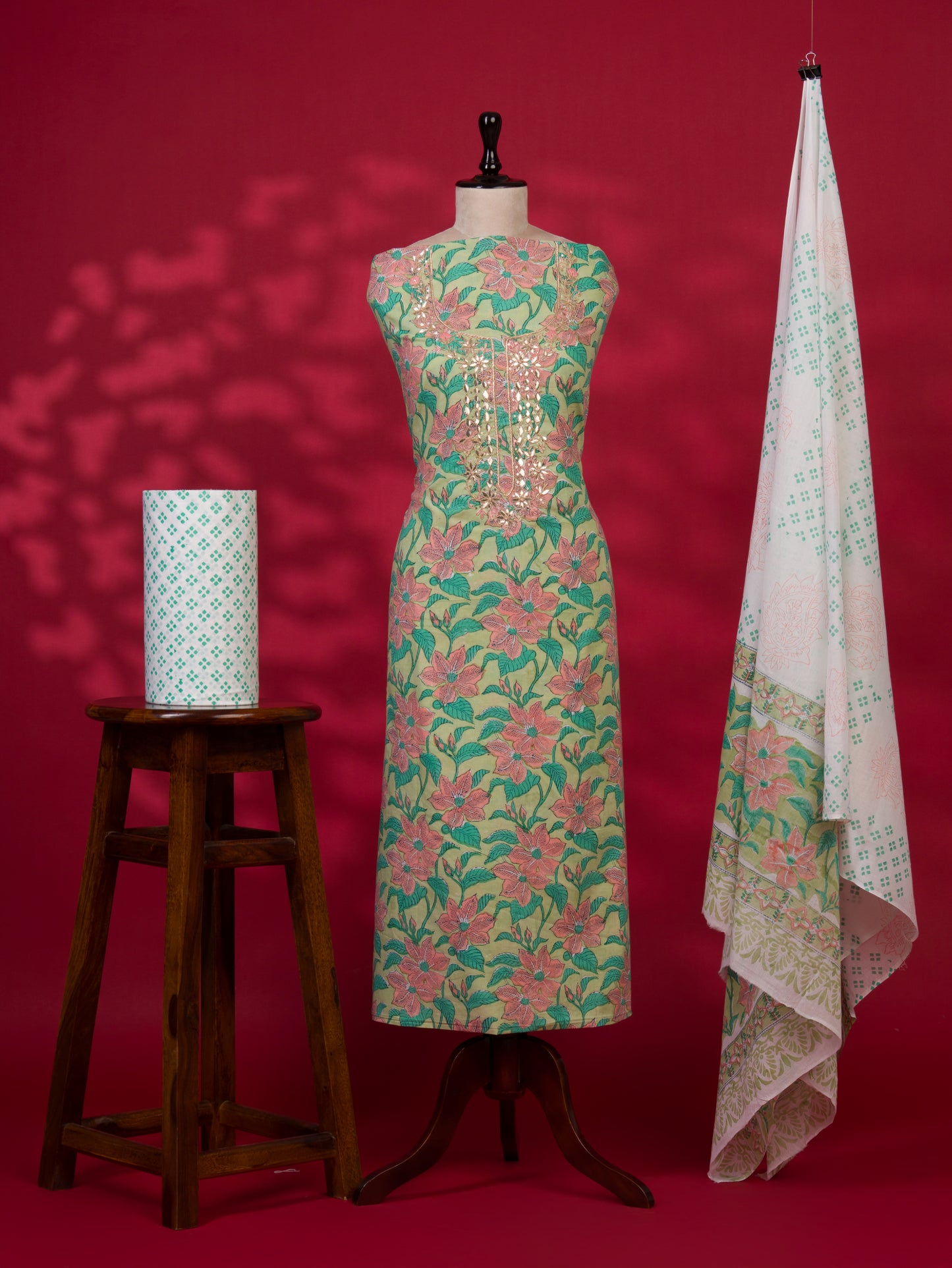 Hand Block Printed Cotton Suit with Gota Patti Hand Embroidery and Soft Malmal Dupatta