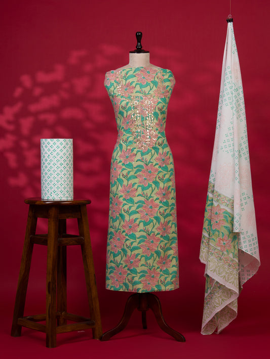 Hand Block Printed Cotton Suit with Gota Patti Hand Embroidery and Soft Malmal Dupatta