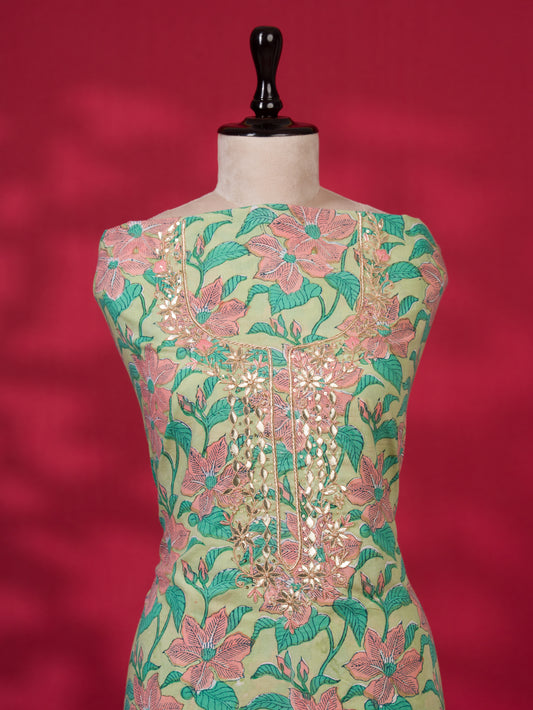 Hand Block Printed Cotton Suit with Gota Patti Hand Embroidery and Soft Malmal Dupatta