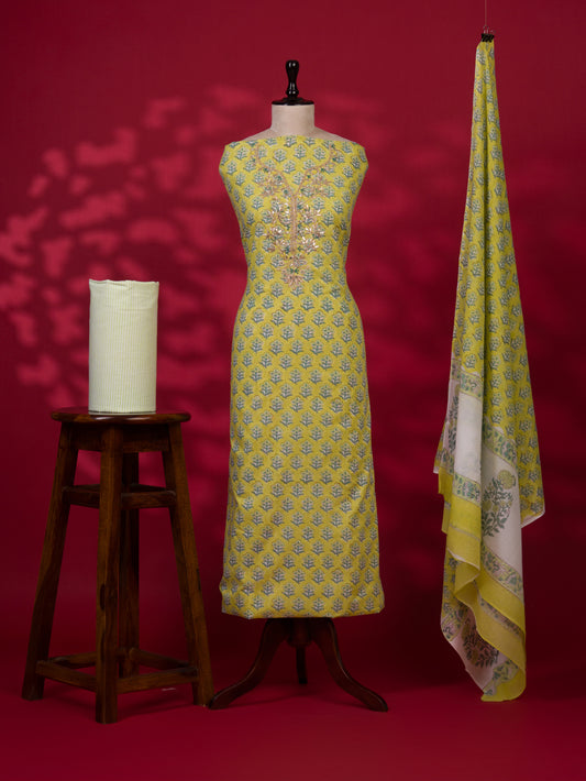 Hand Block Printed Cotton Suit with Gota Patti Hand Embroidery and Soft Malmal Dupatta