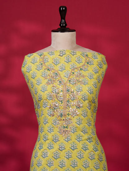 Hand Block Printed Cotton Suit with Gota Patti Hand Embroidery and Soft Malmal Dupatta