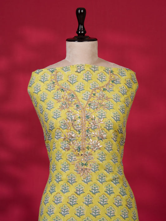 Hand Block Printed Cotton Suit with Gota Patti Hand Embroidery and Soft Malmal Dupatta