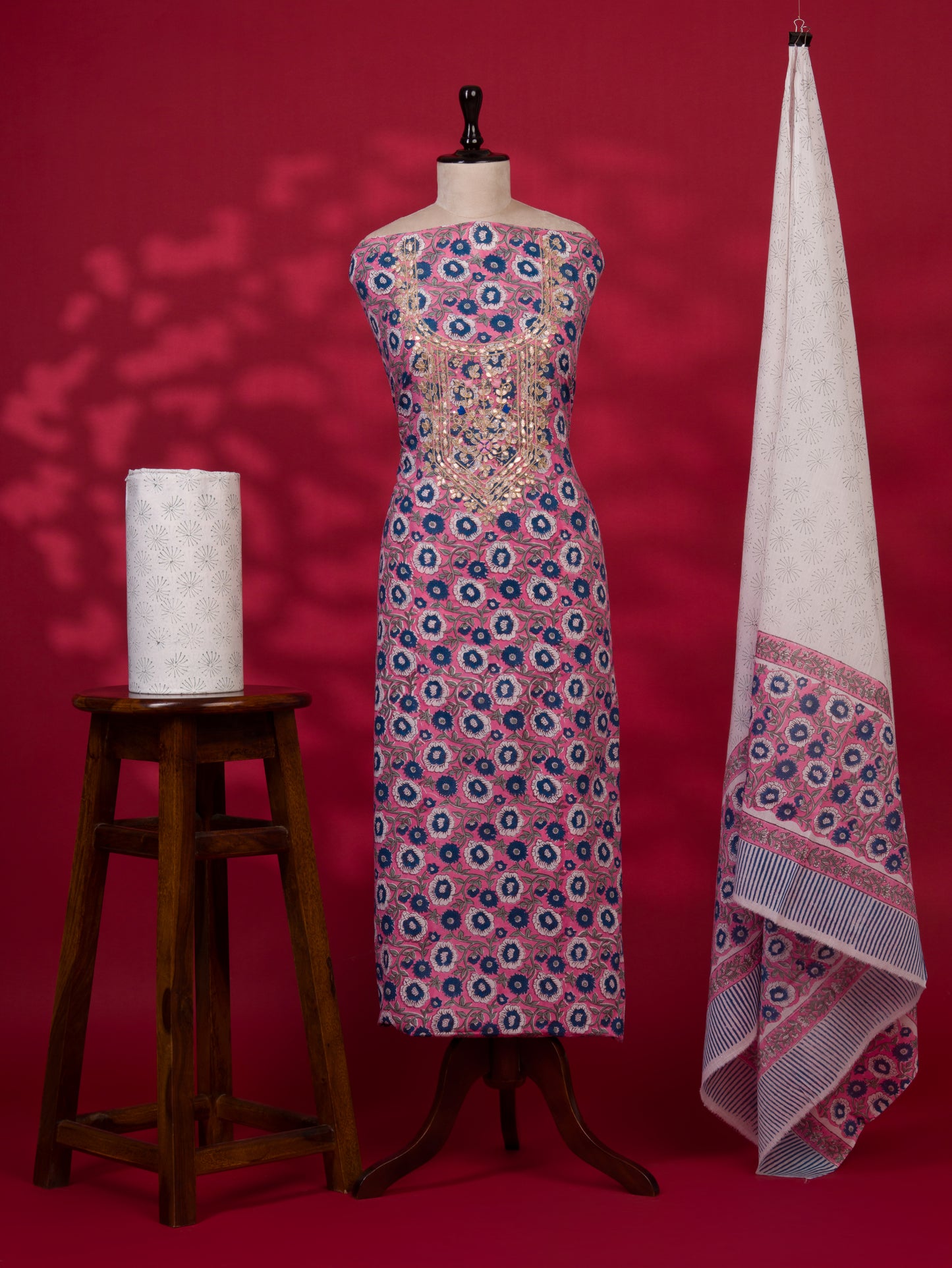 Hand Block Printed Cotton Suit with Gota Patti Hand Embroidery and Soft Malmal Dupatta