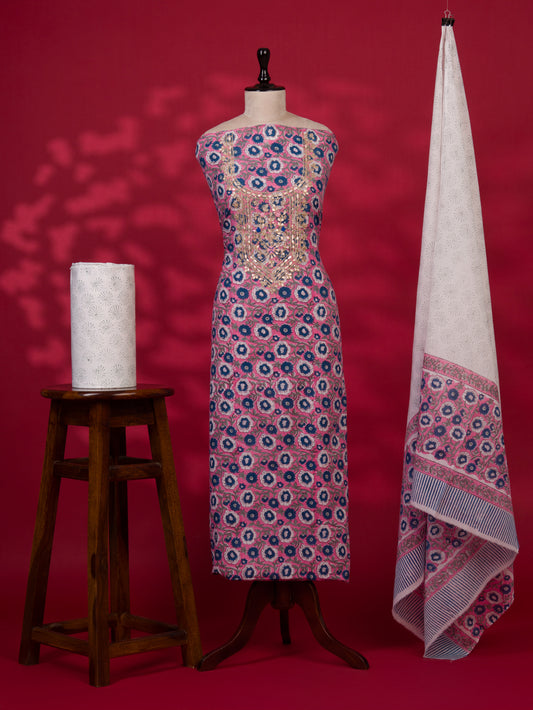 Hand Block Printed Cotton Suit with Gota Patti Hand Embroidery and Soft Malmal Dupatta