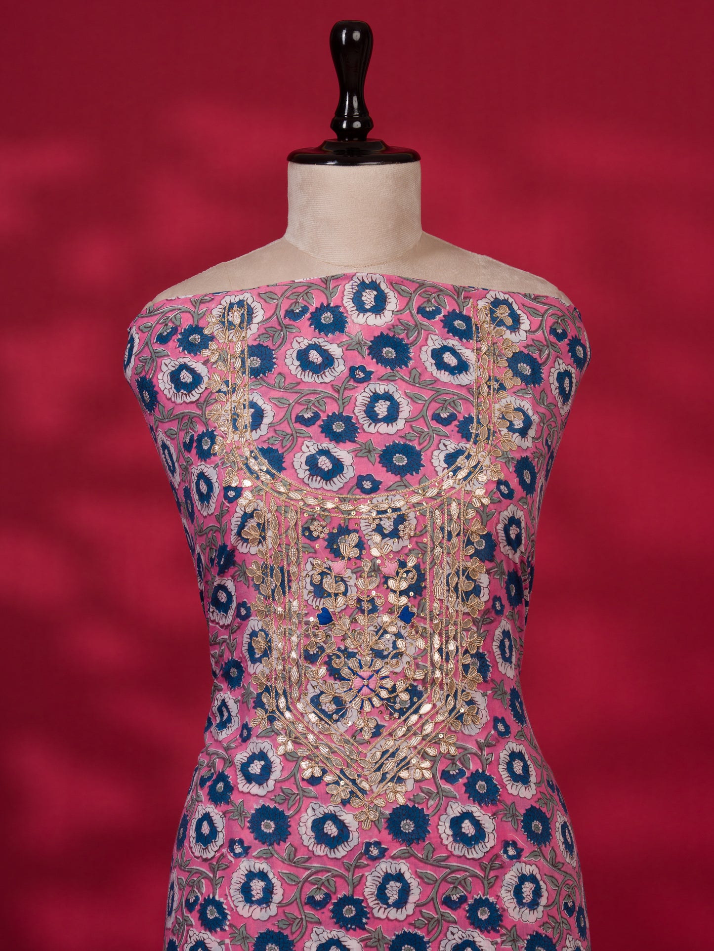 Hand Block Printed Cotton Suit with Gota Patti Hand Embroidery and Soft Malmal Dupatta
