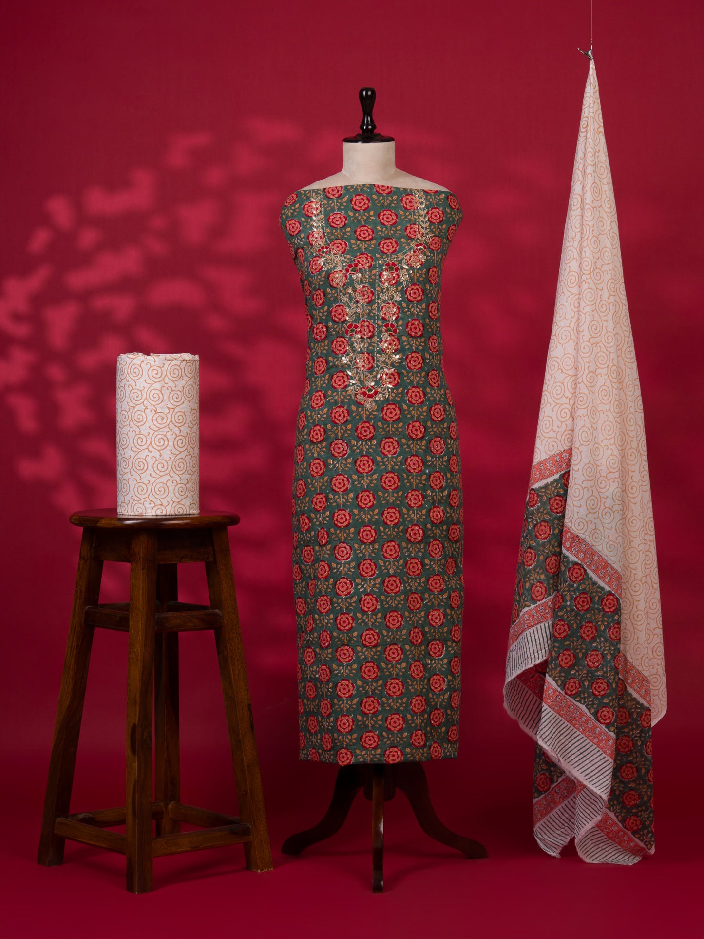 Hand Block Printed Cotton Suit with Gota Patti Hand Embroidery and Soft Malmal Dupatta