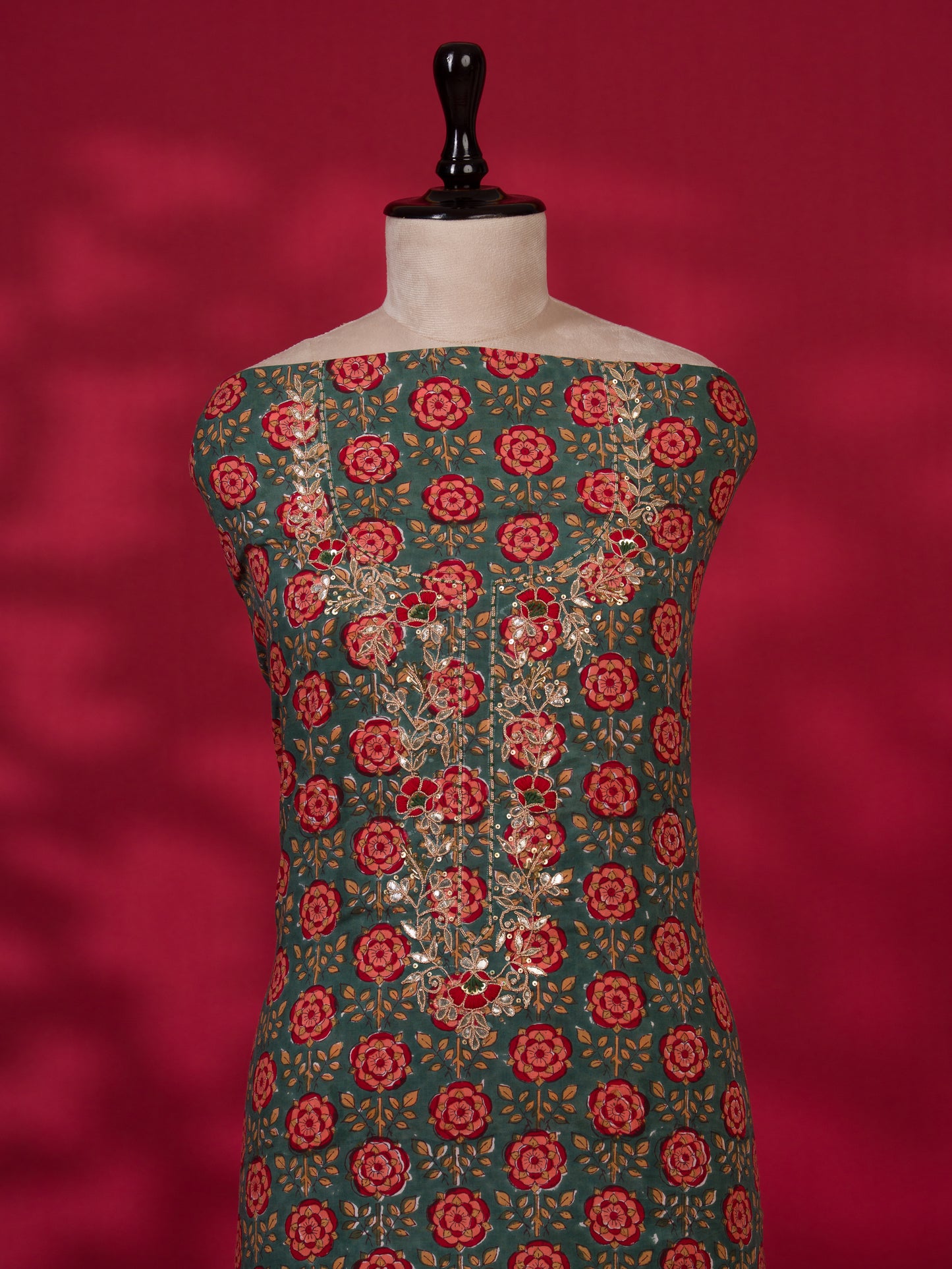 Hand Block Printed Cotton Suit with Gota Patti Hand Embroidery and Soft Malmal Dupatta