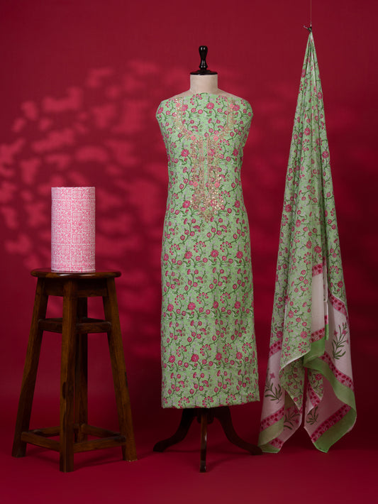 Hand Block Printed Cotton Suit with Gota Patti Hand Embroidery and Soft Malmal Dupatta